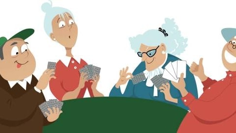 Four seniors playing cards, EPS 8 vector illustration